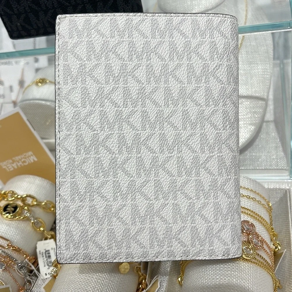 Michael Kors Jet Set Travel Md Embellished Signature Logo Passport Case Optic Wh